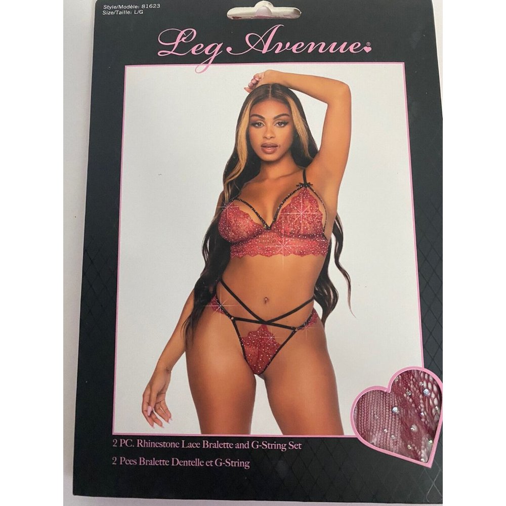 Leg Avenue Womens Lingerie Lace Top Bra Thong Underwear Set Rhinestones Sz Lg